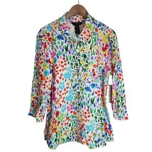 Ali Miles Button Up Top Women's Large‎ Tunic Floral Art to Wear Linen Blend NWT